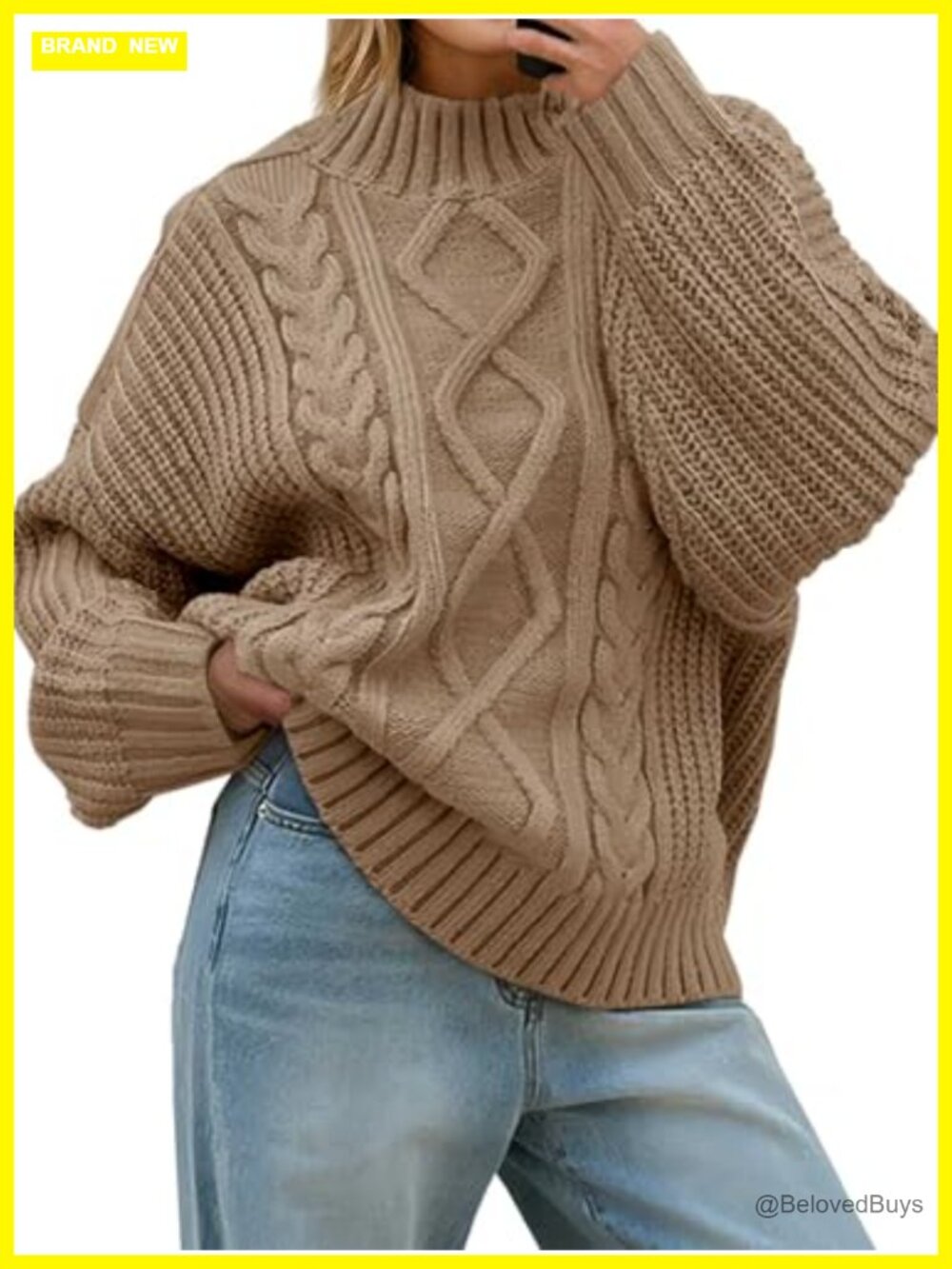 Oversized Cable Knit Turtleneck Button Up Chunky Pullover Sweater